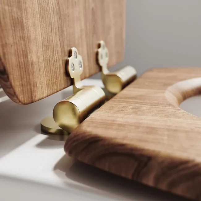Alma Traditional Rimless Back To Wall Toilet With Oak Effect Wooden Soft Close Seat - Brushed Brass Hinges