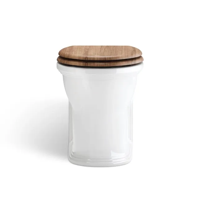 Alma Traditional Rimless Back To Wall Toilet With Oak Effect Wooden Soft Close Seat - Brushed Brass Hinges