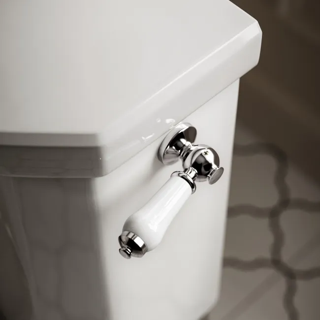 Enid Traditional Close Coupled Toilet With Gloss White Wooden Seat & Pedestal Basin - Double Tap Hole