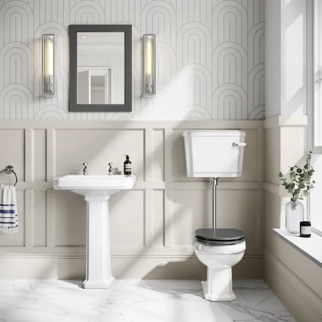 Hudson Traditional Low-Level Toilet With Graphite Grey Seat & Pedestal Basin - Double Tap Hole