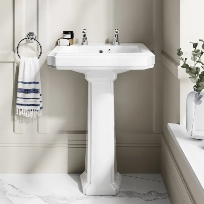 Hudson Traditional Toilet With Dove Grey Seat & Pedestal Basin Set - Double Tap Hole