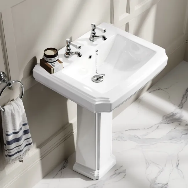 Hudson Traditional Toilet With Graphite Grey Seat & Pedestal Basin Set - Double Tap Hole