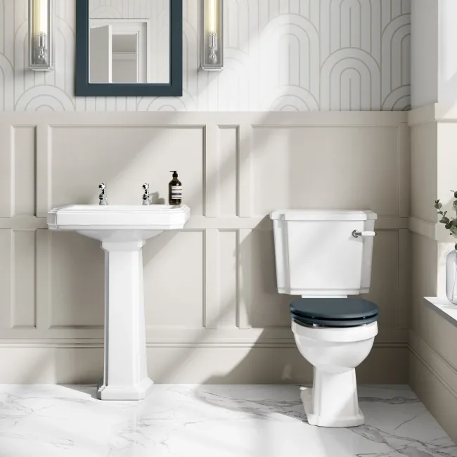 Hudson Traditional Toilet With Inky Blue Seat & Pedestal Basin Set - Double Tap Hole
