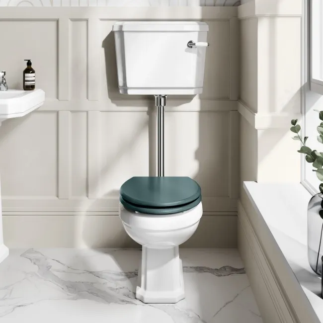 Hudson Traditional Low-Level Toilet With Midnight Green Seat & Pedestal Basin - Double Tap Hole
