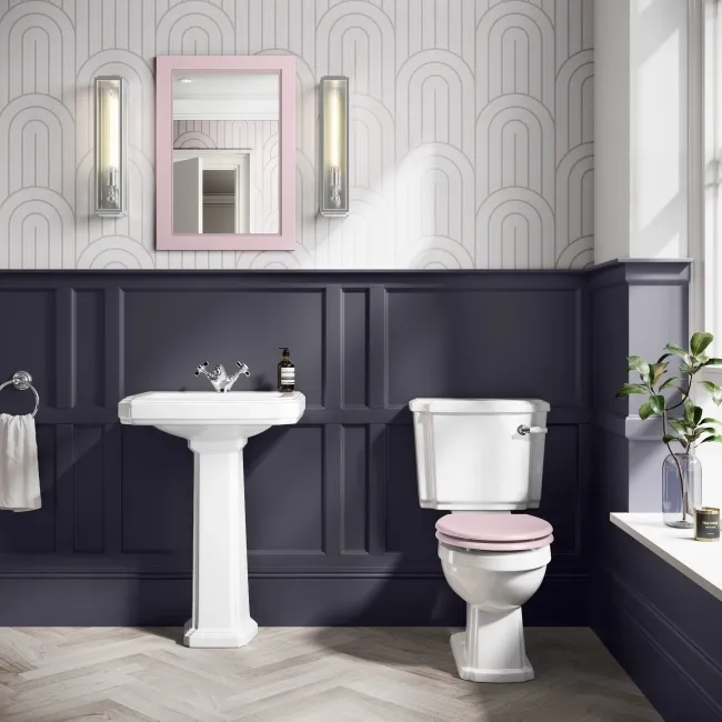 Hudson Traditional Close Coupled Toilet With Cashmere Pink Seat & Pedestal Basin - Single Tap Hole