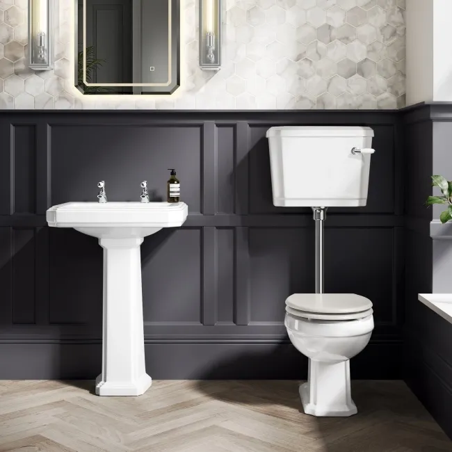 Hudson Traditional Low-Level Toilet With Cotton White Seat & Pedestal Basin - Double Tap Hole