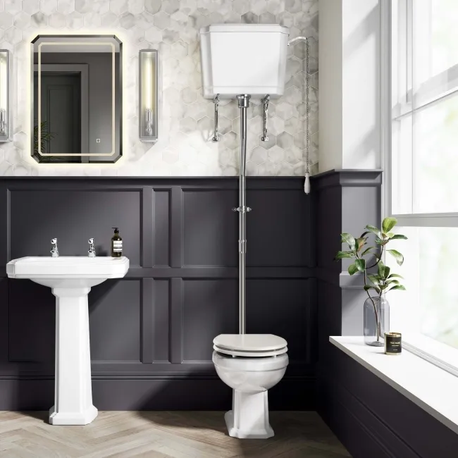 Hudson Traditional High-Level Toilet With Cotton White Seat & Pedestal Basin - Double Tap Hole