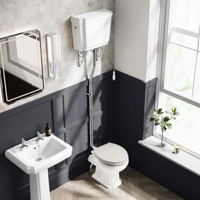 Hudson Traditional High-Level Toilet With Cotton White Seat & Pedestal Basin - Double Tap Hole
