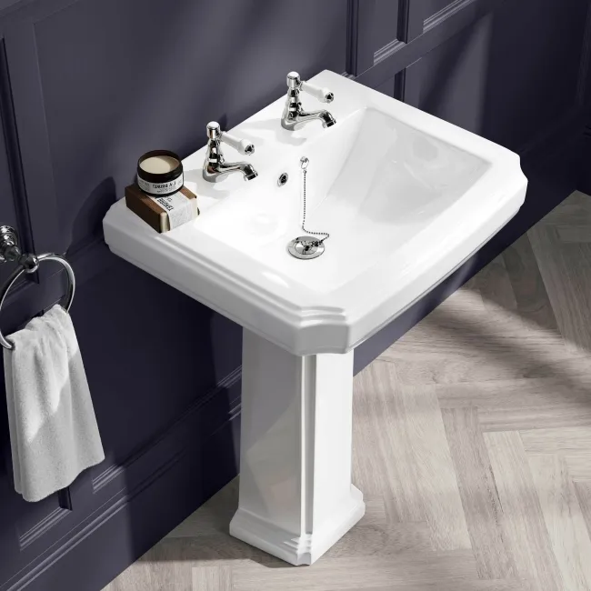 Hudson Traditional High-Level Toilet With Cashmere Pink Seat & Pedestal Basin - Double Tap Hole