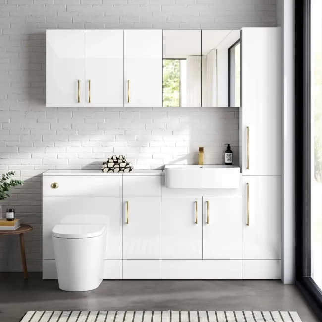 Harper Gloss White Floor Standing Tall Cabinet 1900x300mm - Brushed Brass Accents