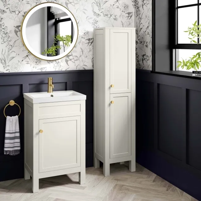 Bermuda Chalk White Floor Standing Tall Cabinet 1500x350mm - Brushed Brass Accents