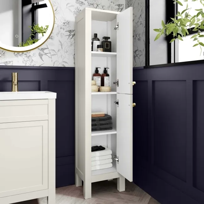 Bermuda Chalk White Floor Standing Tall Cabinet 1500x350mm - Brushed Brass Accents