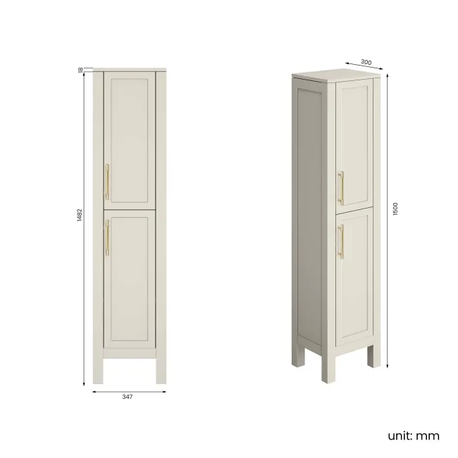 Bermuda Chalk White Floor Standing Tall Cabinet 1500x350mm - Brass Knurled Handles