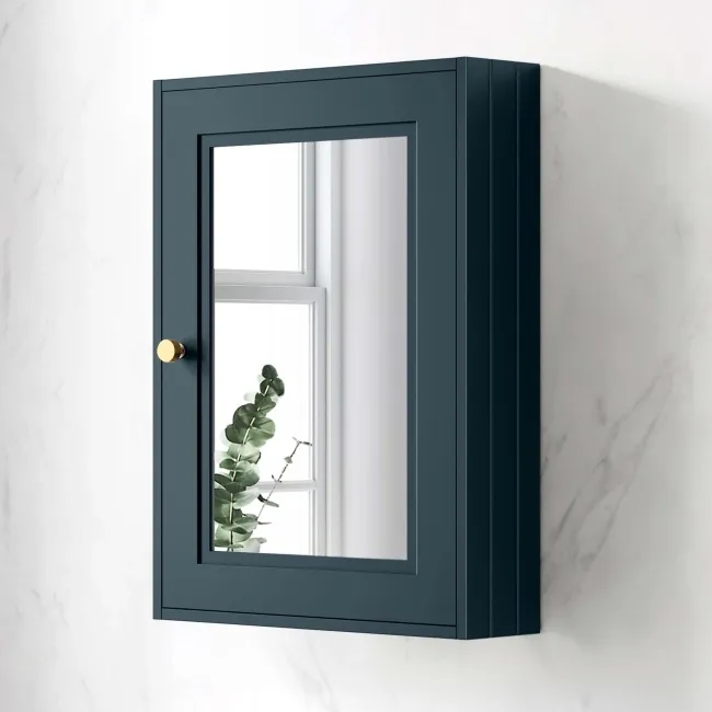Inky Blue Mirror Cabinet 700x500mm - Brushed Brass Accents