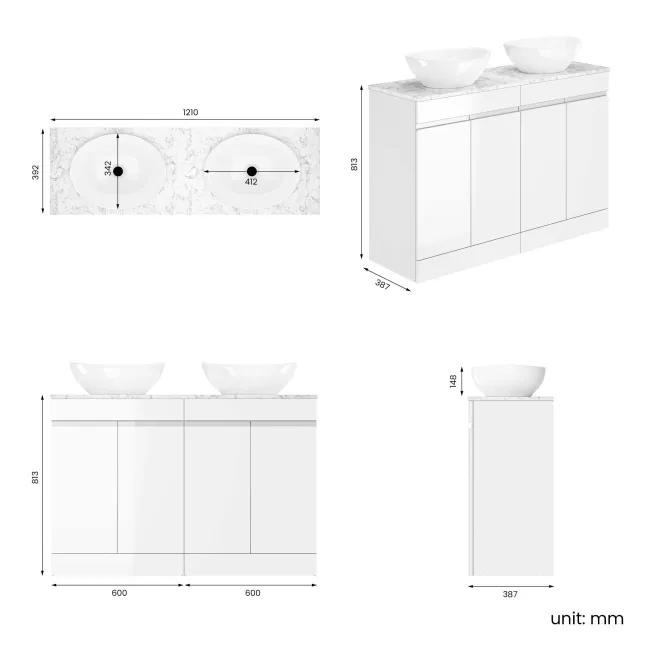 Trent Gloss White Double Vanity with Marble Top & Oval Counter Top Basin 1200mm