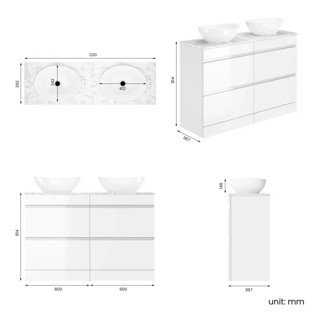 Trent Gloss White Double Vanity Drawer with Marble Top & Oval Counter Top Basin 1200mm