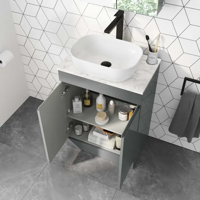 Trent Stone Grey Vanity with Marble Top & Curved Counter Top Basin 600mm