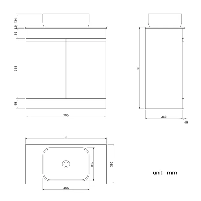 Trent Stone Grey Vanity with Marble Top & Curved Counter Top Basin 800mm