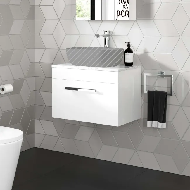 Avon Gloss White Wall Hung Drawer with Marble Top 600mm - Excludes Counter Top Basin