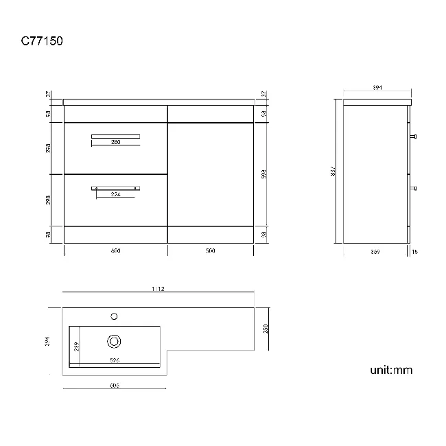 Avon Gloss White Basin Vanity Drawer and Back To Wall Unit 1100mm - Left Handed
