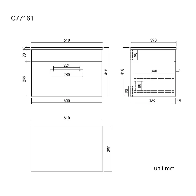 Avon Stone Grey Wall Hung Drawer 600mm - Excludes Counter Top Basin