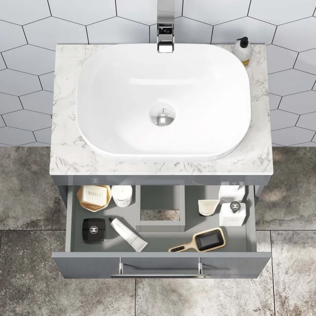 Avon Stone Grey Wall Hung Drawer with Marble Top 600mm - Excludes Counter Top Basin