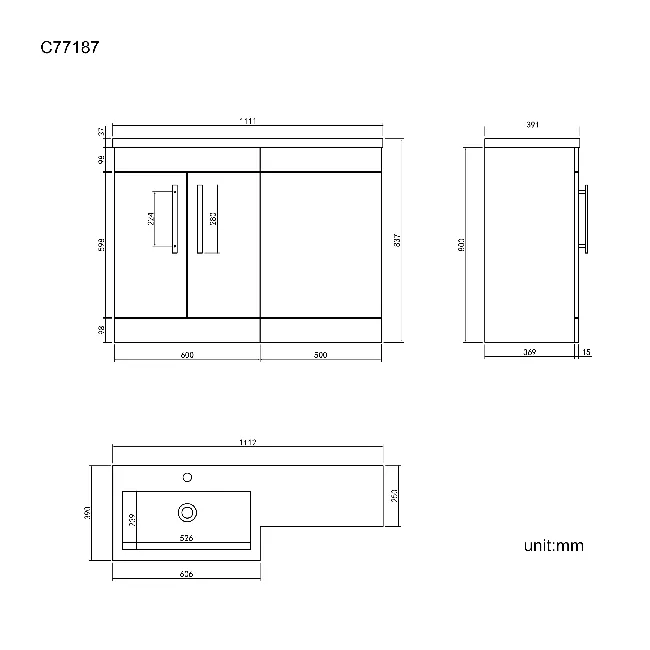 Avon Stone Grey Basin Vanity and Back To Wall Unit 1100mm - Left Handed