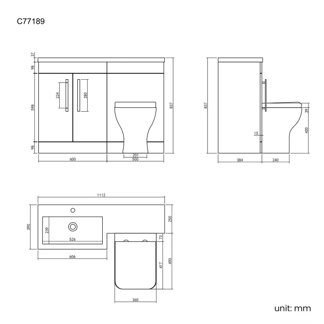 Avon Stone Grey Combination Vanity Basin and Atlanta Toilet 1100mm - Left Handed