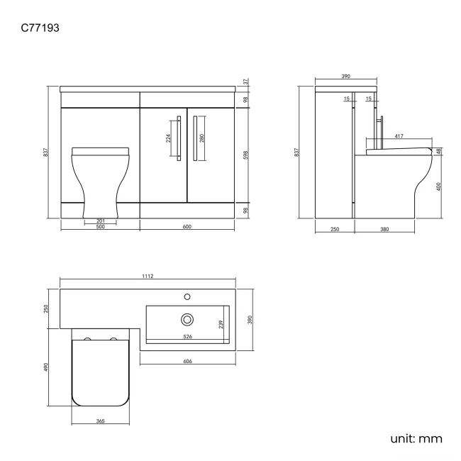 Avon Stone Grey Combination Vanity Basin and Atlanta Toilet 1100mm - Right Handed