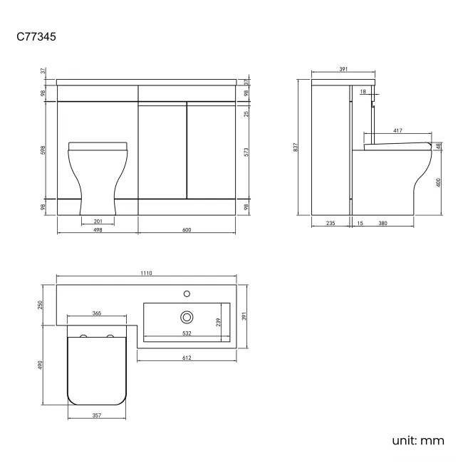 Trent Gloss White Combination Vanity Basin and Atlanta Toilet 1100mm - Right Handed