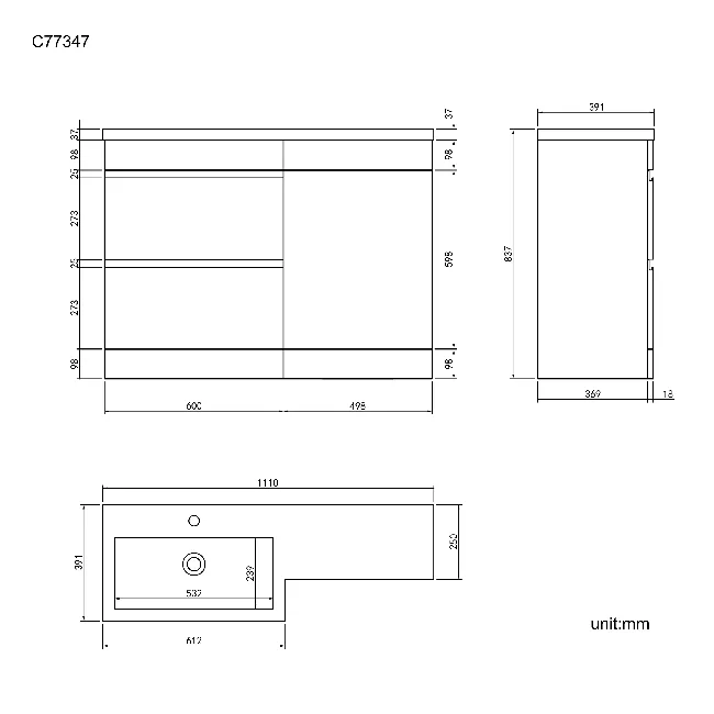 Trent Gloss White Basin Vanity Drawer and Back To Wall Unit 1100mm - Left Handed