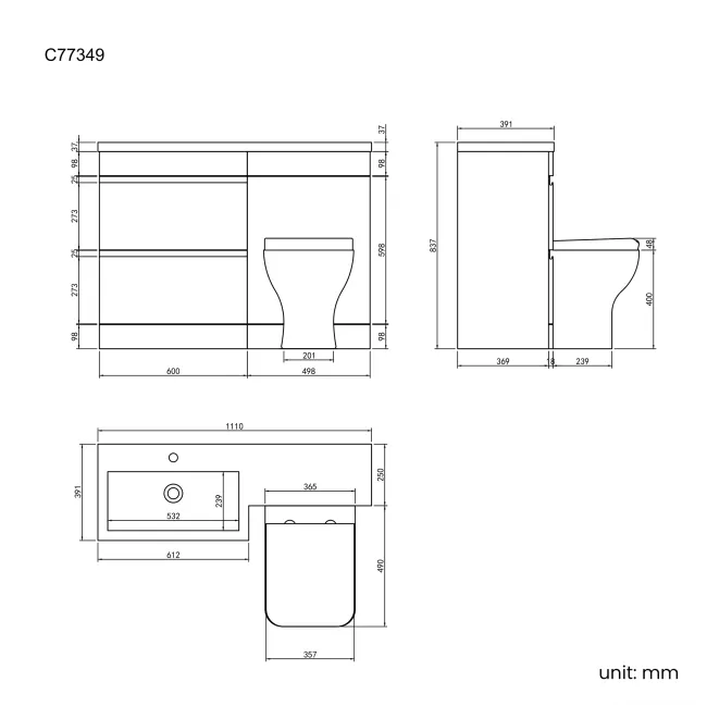 Trent Gloss White Combination Basin Drawer and Atlanta Toilet 1100mm - Left Handed