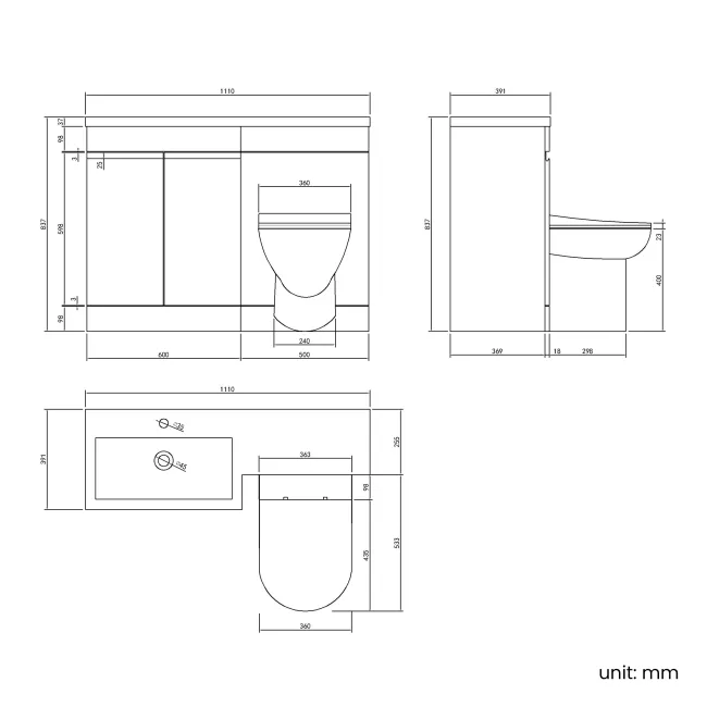 Trent Stone Grey Combination Vanity Basin and Aruba Toilet 1100mm - Left Handed