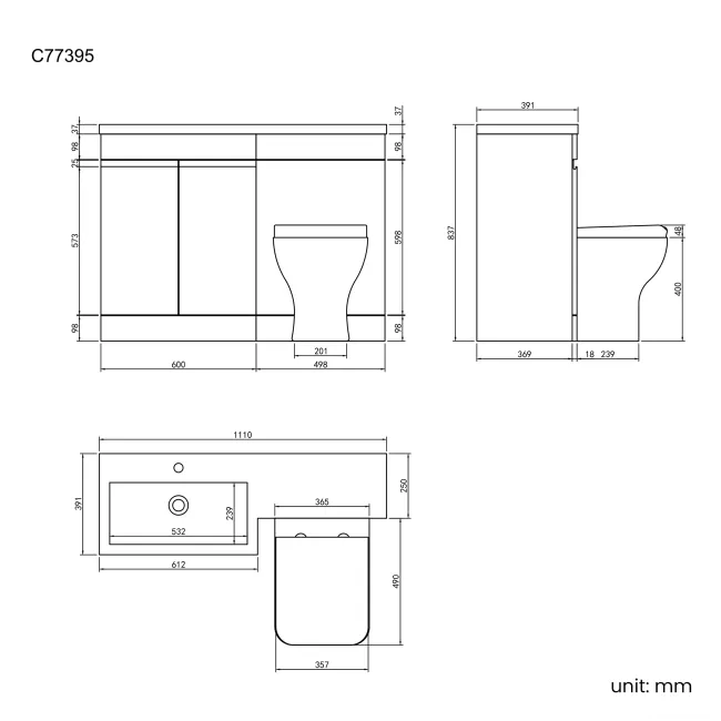 Trent Stone Grey Combination Vanity Basin and Atlanta Toilet 1100mm - Left Handed