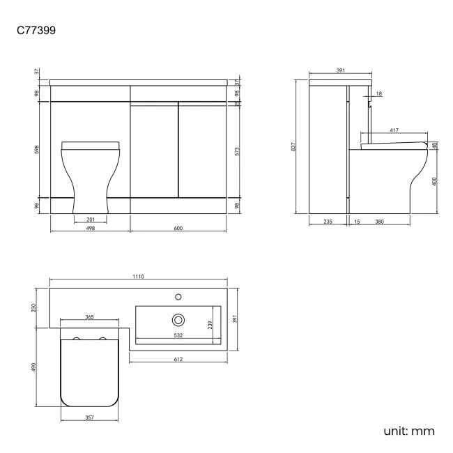 Trent Stone Grey Combination Vanity Basin and Atlanta Toilet 1100mm - Right Handed