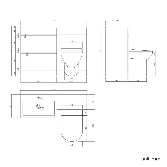 Trent Stone Grey Combination Basin Drawer and Aruba Toilet 1100mm - Left Handed