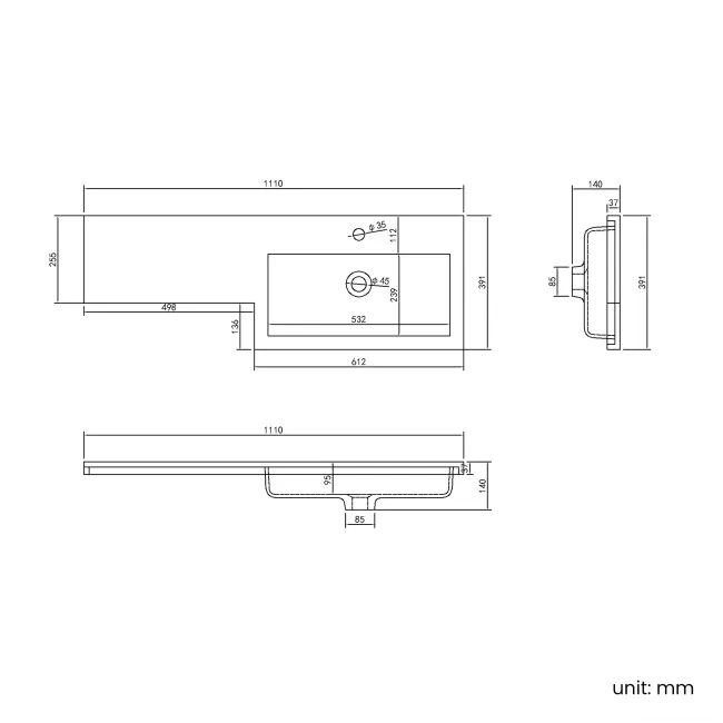 Trent Stone Grey Combination Basin Drawer and Aruba Toilet 1100mm - Right Handed