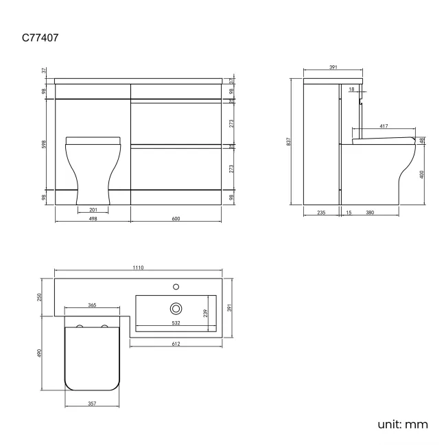 Trent Stone Grey Combination Basin Drawer and Atlanta Toilet 1100mm - Right Handed