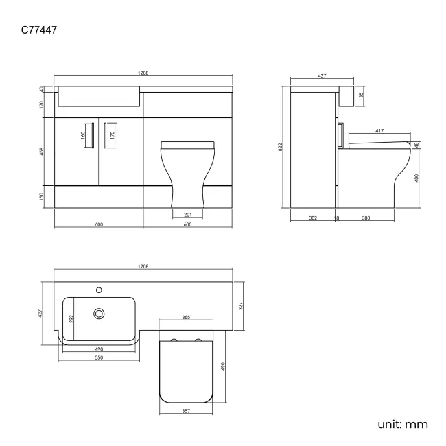 Harper Charcoal Elm Combination Vanity Basin and Atlanta Toilet 1200mm - Left Handed