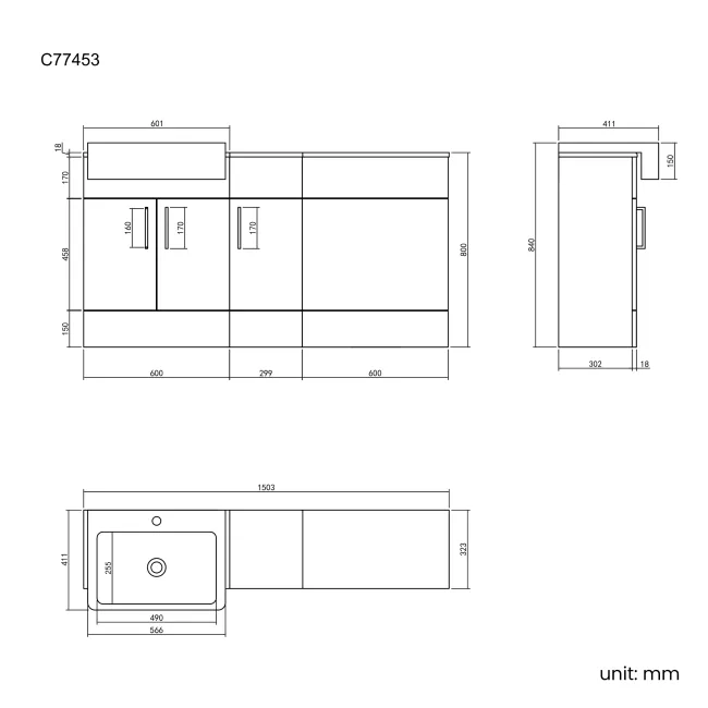 Harper Charcoal Elm Combination Vanity Basin 1500mm (Excludes Pan + Cistern)