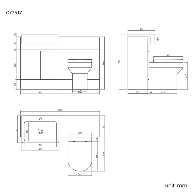 Foster Stone Grey Combination Vanity Basin and Denver Toilet 1200mm