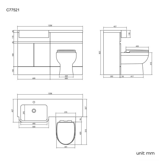 Foster Stone Grey Combination Vanity Basin and Seattle Toilet 1200mm - Left Handed
