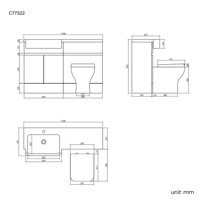 Foster Stone Grey Combination Vanity Basin and Atlanta Toilet 1200mm - Left Handed