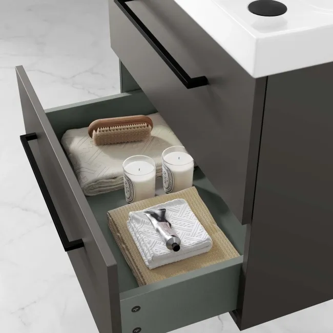 Elba Graphite Grey Wall Hung Basin Drawer Vanity 600mm - Black Accents