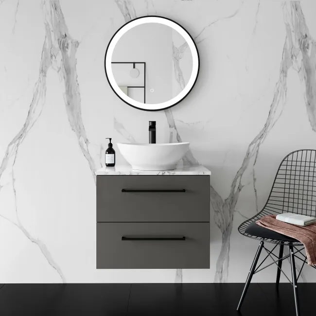 Elba Graphite Grey Wall Hung Drawer Vanity with Marble Top & Oval Counter Top Basin 600mm - Black Accents