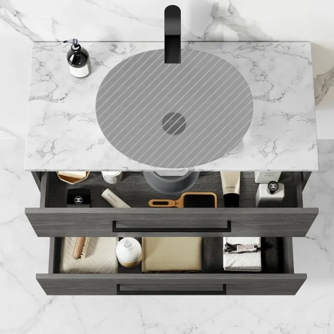 Elba Charcoal Elm Wall Hung Drawer 800mm Excludes Counter Top Basin - Black Accents