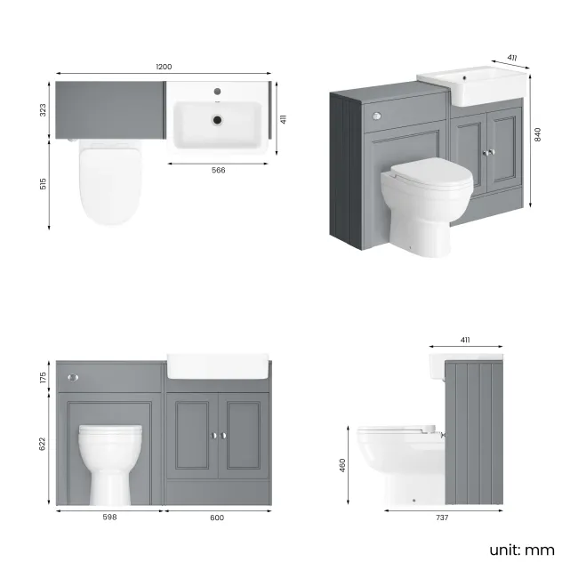 Monaco Dove Grey Combination Vanity Basin and Seattle Toilet 1200mm