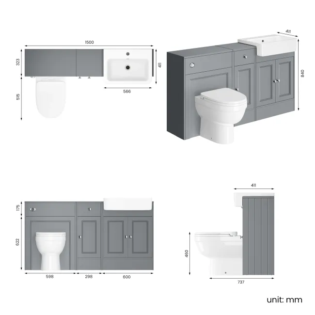 Monaco Dove Grey Combination Vanity Basin and Seattle Toilet 1500mm
