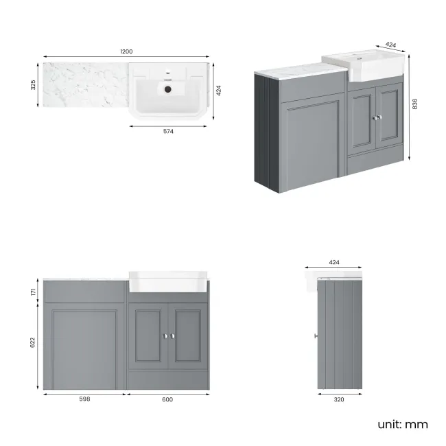 Monaco Dove Grey Combination Vanity Traditional Basin with Marble Top 1200mm (Excludes Pan & Cistern)
