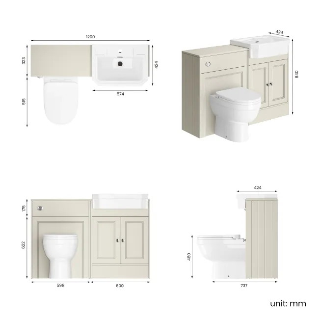 Monaco Chalk White Combination Vanity Traditional Basin and Seattle Toilet 1200mm
